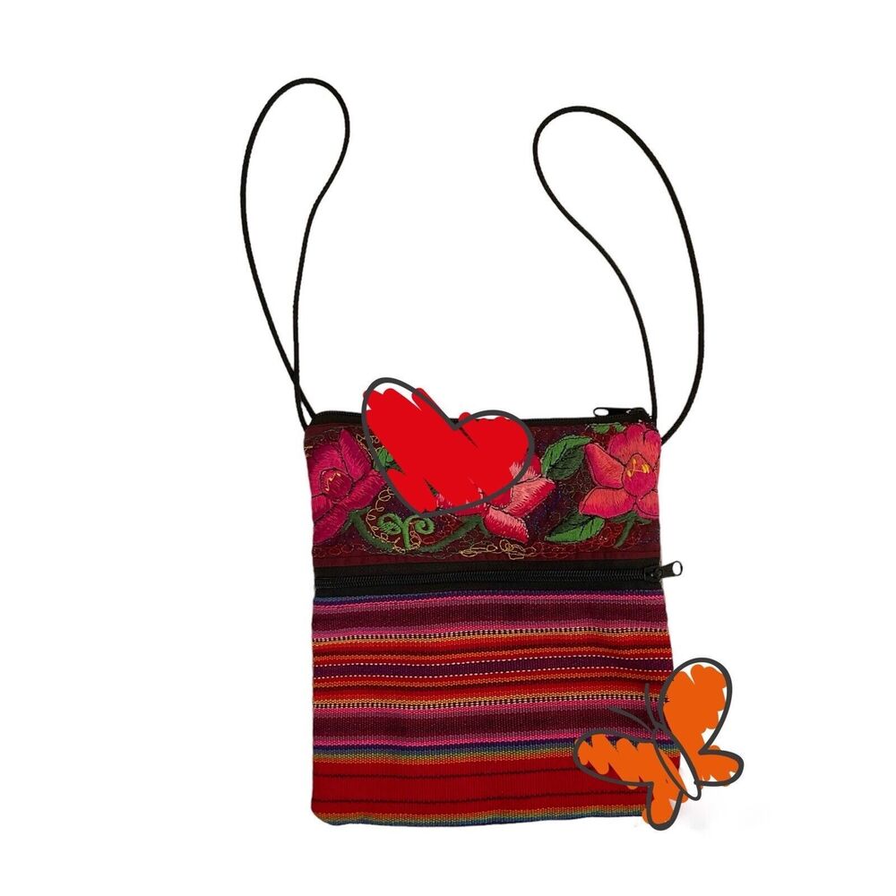 Small Floral Embroidered Slim Lightweight Square Plaid Purse Crossbody Boho Bag